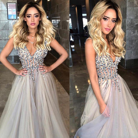 Gray Beaded A-Line V-Neck Modest Long Prom Dress with Sweep Train