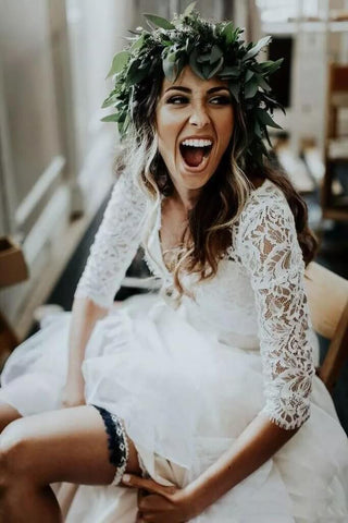 Günstiges 3/4 Ärmel Spitze Elfenbein Chiffon Rustikal Zweiteiliges Hochzeitskleid