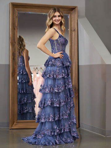 Princess A Line Off the Shoulder Corset Prom Dress with Lace Ruffles