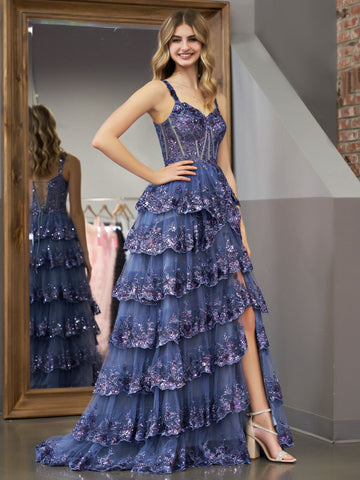 Princess A Line Off the Shoulder Corset Prom Dress with Lace Ruffles