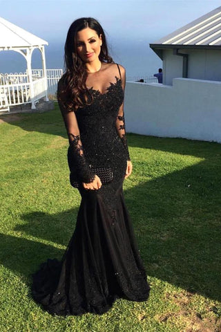 New Arrival Black Long Sleevess Lace Mermaid Prom Dress Sequins Long