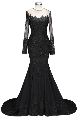 New Arrival Black Long Sleevess Lace Mermaid Prom Dress Sequins Long