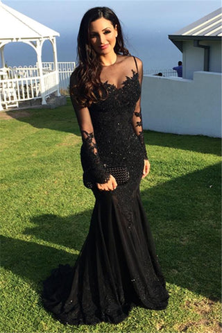 New Arrival Black Long Sleevess Lace Mermaid Prom Dress Sequins Long