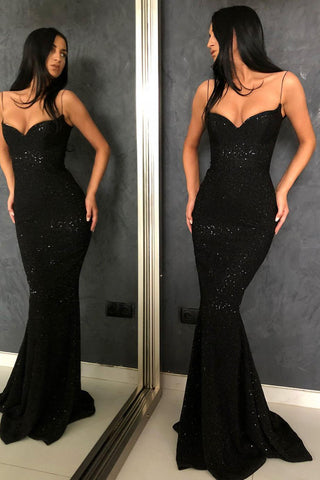 Neuankömmling Schwarz Spaghetti-Trägern Meerjungfrau Ballkleid Pailletten