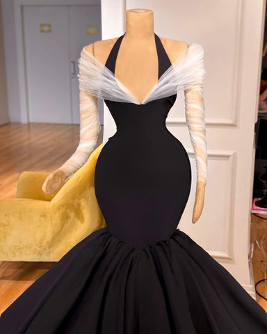 New Arrival Long Sleeves Halter Mermaid Evening Party Gowns With Ruffles Long