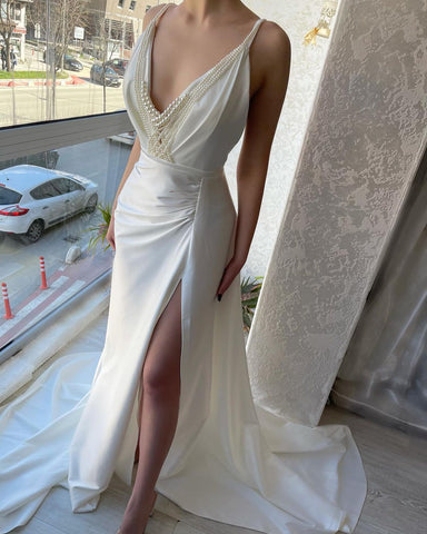 New Arrival Long White V-neck Pearls Sleeveless Evening Party Gowns Long Slit Online