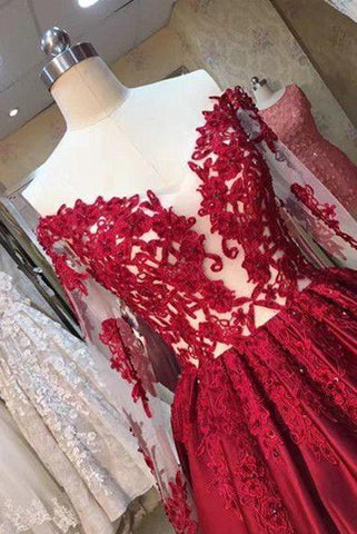 New Arrival Red Prom Dresses Off-the-Shoulder Lace Appliques Long Sleeves Puffy Evening Gowns