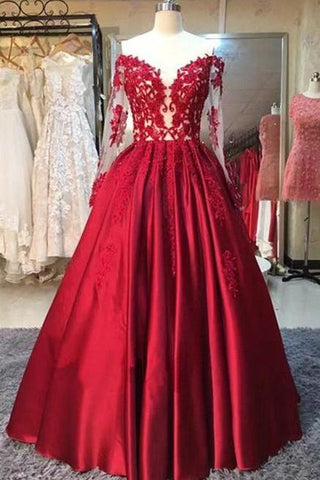 New Arrival Red Prom Dresses Off-the-Shoulder Lace Appliques Long Sleeves Puffy Evening Gowns
