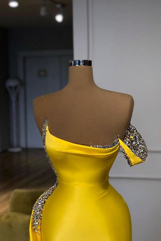 Neu Helle Gelb Mentallic Pailletten Überrock Prom Kleid Eine schulter