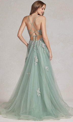 Embroidered Plunging V-Neck Prom Gown