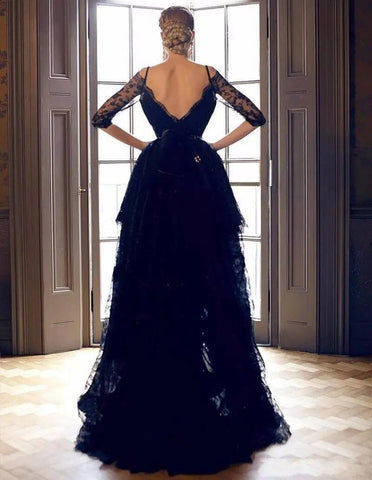 Off Shoulder 3/4 Sleeves Gothic Black Bridal Dress Boho Wedding Dresses BlissGown.com 