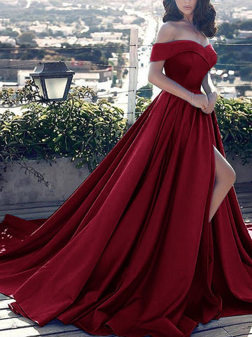 Schulterfreies Ballkleid, lang, Satin, formelle Kleider mit Schlitz