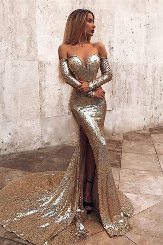 Off-the-Shoulder Champagne Sequins Prom Dresses Chic Long Sleevess Split Evening Gowns