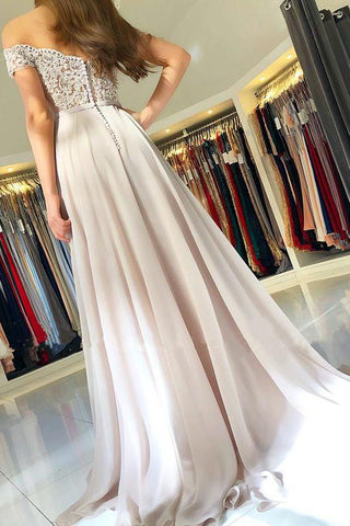 Schulterfreie Ballkleider aus Spitze online, transparenter Tüll-Chiffon, lange formelle Abendkleider mit Knöpfen