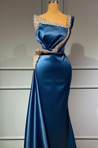 One-Shoulder Blau Pailletten Lange Meerjungfrau Ballkleid Perlen