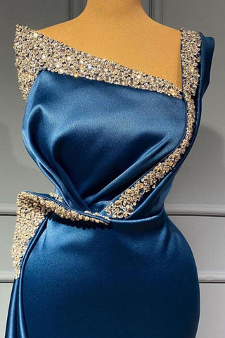 One-Shoulder Blau Pailletten Lange Meerjungfrau Ballkleid Perlen