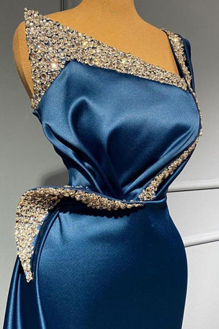 One-Shoulder Blau Pailletten Lange Meerjungfrau Ballkleid Perlen