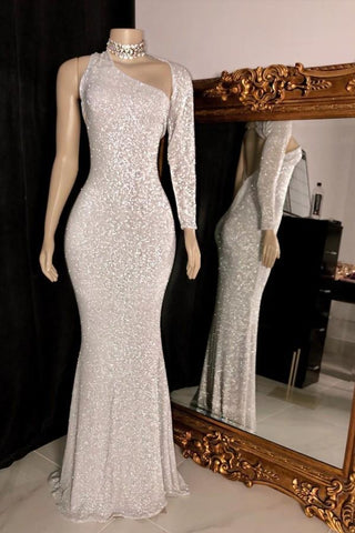 One-Shoulder Long Sleevess Silber Partykleid Pailletten Meerjungfrau Ballkleider