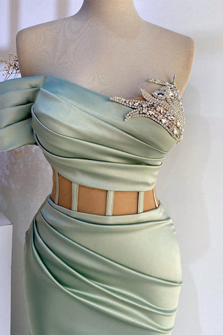 One Shoulder Mermaid Prom Dresses With Split Beadings in Dusty Sage
