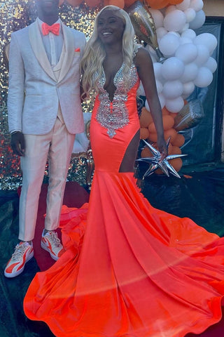 Orange Sleeveless Mermaid Prom Dresses with Split Beadings