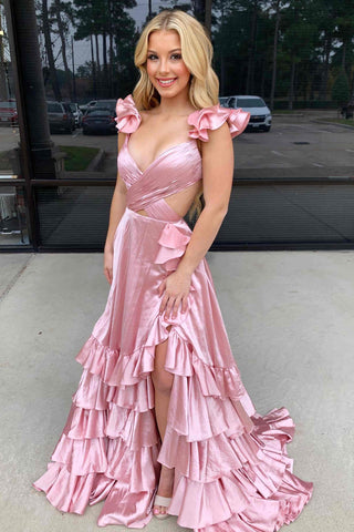 Cutout Ruffle A-Line Long Prom Dress with Slit