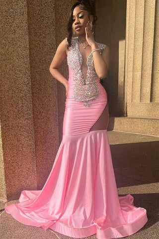 Pink Deep V Neck Sleeveless Mermaid Prom Dresses With Beadings