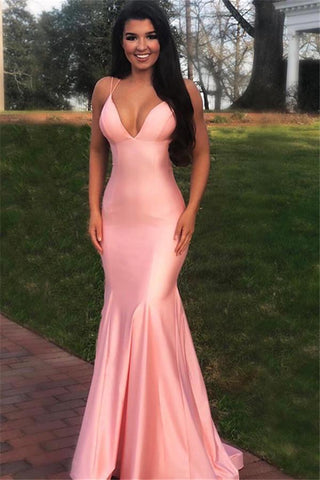 Pink Glamorous Spaghetti-Strapss Criss Cross Mermaid Prom Dresses