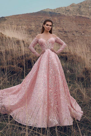 Pink Off-The-Shoulder Long Sleeves Lace Applique Princess A-Line Prom Dresses