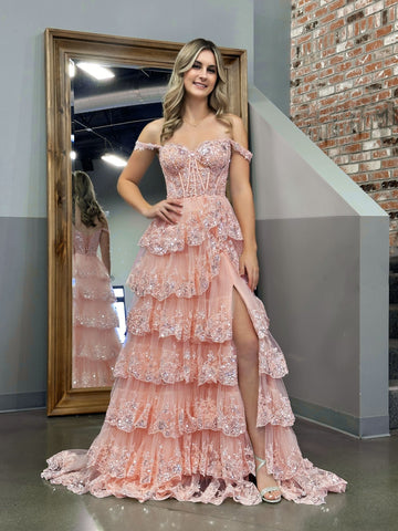 Princess A Line Off the Shoulder Corset Prom Dress with Lace Ruffles