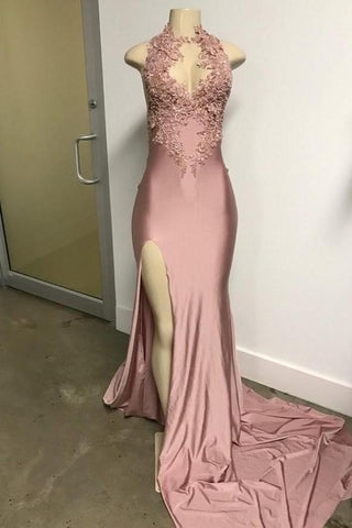Pink Sleeveless Front Slit Appliques Long Mermaid Prom Dresses