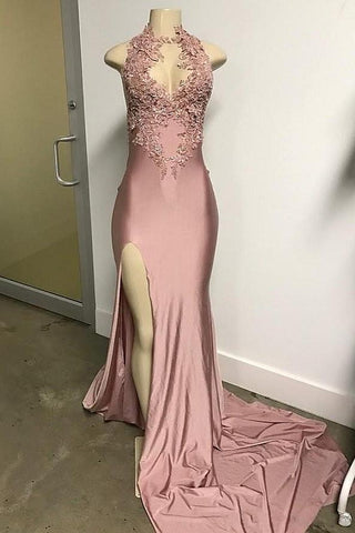 Pink Sleeveless Front Slit Appliques Long Mermaid Prom Dresses