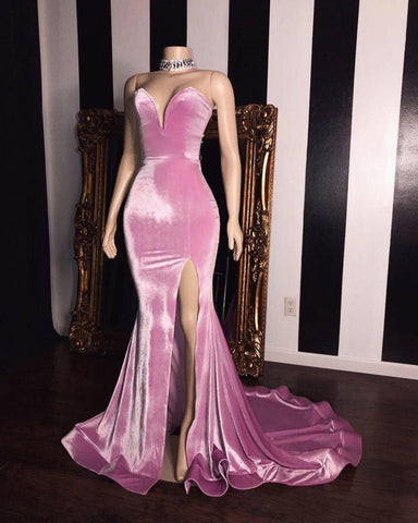 Rosa Samt Sweetheart Ballkleider Chic Split Meerjungfrau Lange Abendkleider