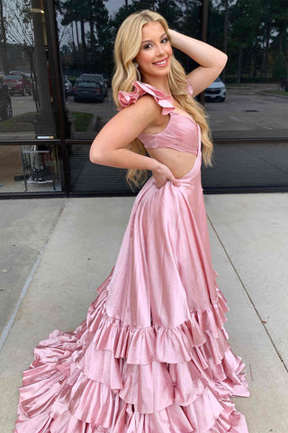 Cutout Ruffle A-Line Long Prom Dress with Slit
