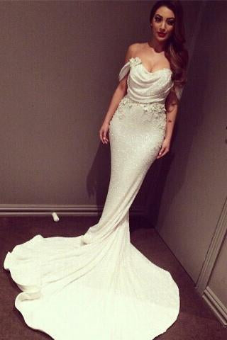 Glittering  Satin Off Shoulder Court Train Mermaid Prom Dresses