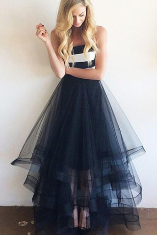 Cheap Navy Blue and White Tulle Simple Long Strapless Prom Dresses