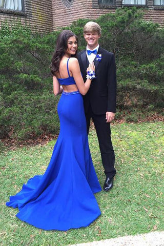 Mermaid Open Back Beaded Prom Dresses with Sweep Train