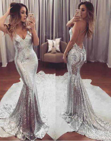 Silver Sequined Mermaid V neck Backless Long Prom Dresses, Evening Dress
