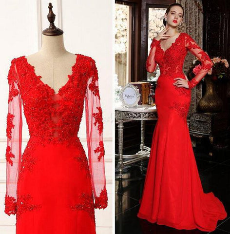 Gorgeous Red V-neck Long Sleeves Mermaid Satin Prom Dresses With Appliques