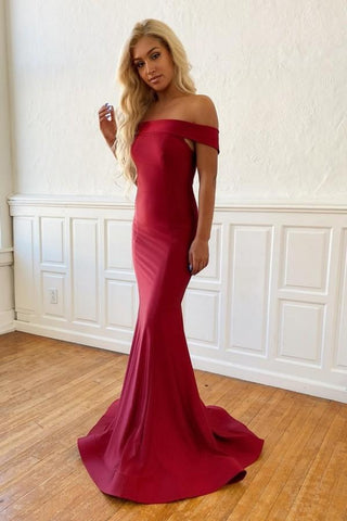 Rachel Schlichtes schulterfreies Burgunder-Abendkleid im Meerjungfrauen-Stil, Abendkleider