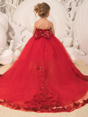 Rote Ballkleid Sweep Pinsel Zug Hochzeit Party Blumenmädchenkleider