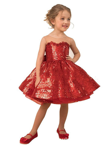 Rote Ballkleid Sweep Pinsel Zug Hochzeit Party Blumenmädchenkleider