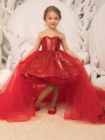 Rote Ballkleid Sweep Pinsel Zug Hochzeit Party Blumenmädchenkleider