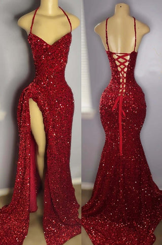 Red Mermaid Prom Dress with Sequins Lace-up