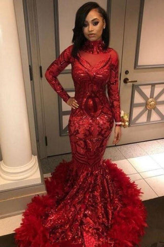 Red Mermaid Sequins Long Sleeves High-Neck Prom Dresses