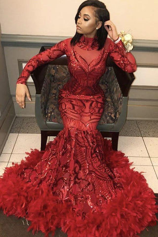 Red Mermaid Sequins Long Sleeves High-Neck Prom Dresses