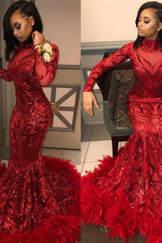 Red Mermaid Sequins Long Sleeves High-Neck Prom Dresses