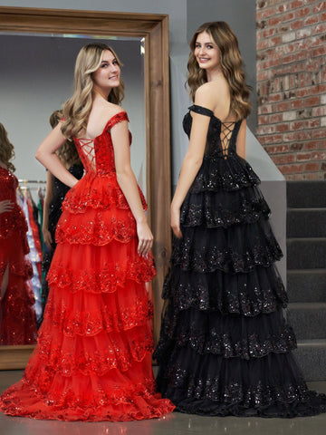 A-Linien-Ballkleid mit schulterfreiem Korsett und Spitzenrüschen