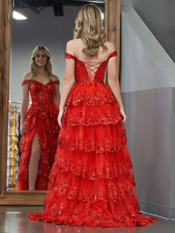 A-Linien-Ballkleid mit schulterfreiem Korsett und Spitzenrüschen