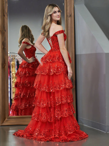 A-Linien-Ballkleid mit schulterfreiem Korsett und Spitzenrüschen