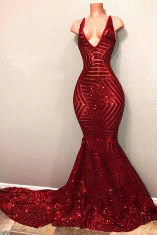 Red Sequins Shiny V-Neck Mermaid Long Prom Dresses